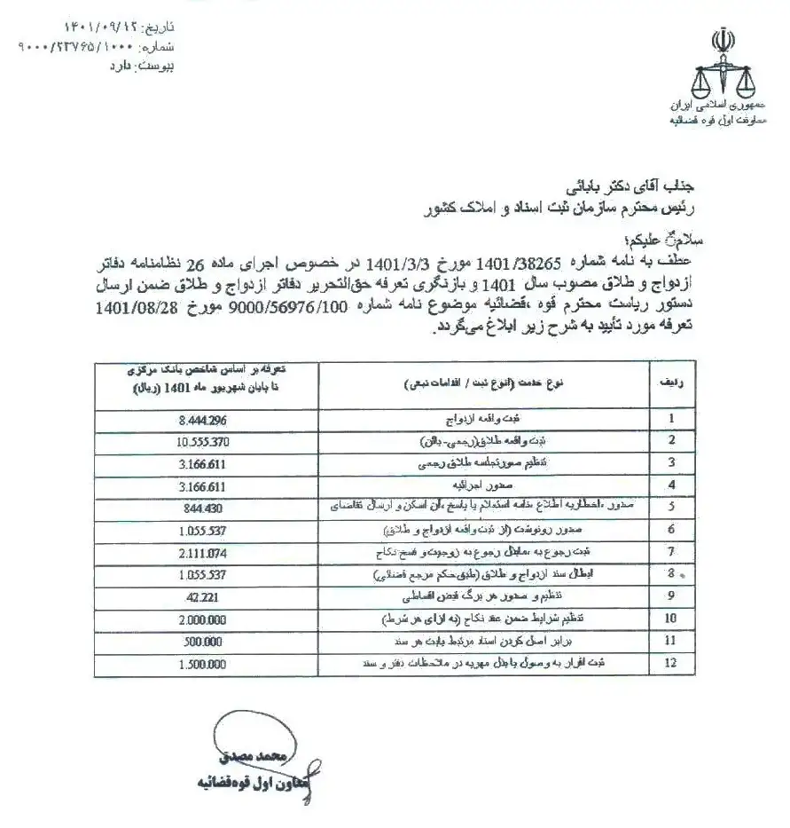 تعرفه حق التحریر دفاتر رسمی ازدواج و طلاق