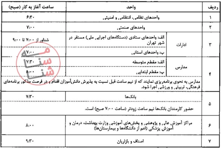 تصویبنامه تعیین ساعات آغاز به کار ادارات و مشاغل مختلف در سال ۱۴۰۲ 1 ساعات آغاز به کار ادارات و مشاغل مختلف