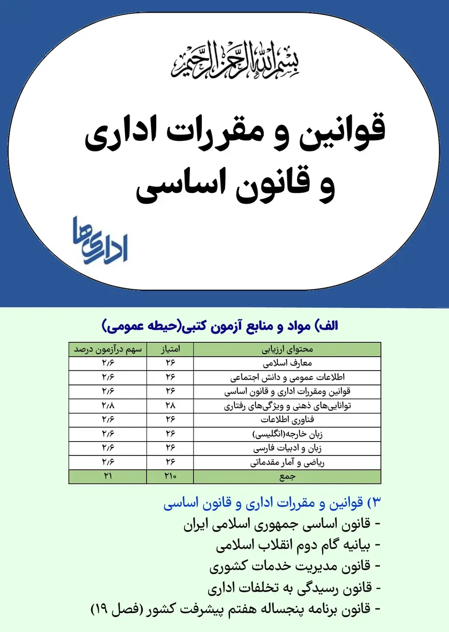 قوانین و مقررات اداری و قانون اساسی منبع حیطه عمومی آزمون استخدامی 1 قوانین و مقررات اداری و قانون اساسی