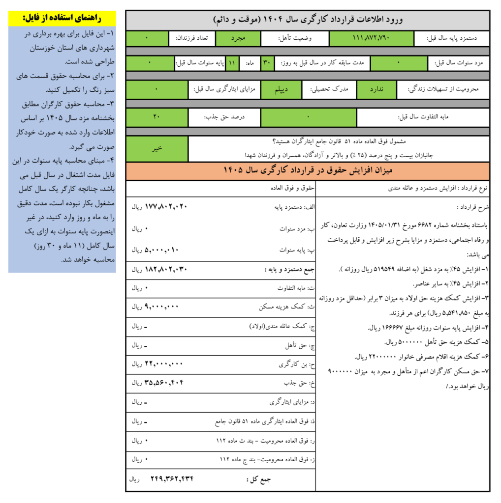 اکسل افزایش حقوق سال ۱۴۰۵ کارگران شهرداری